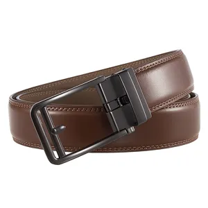 Detailed macro view of a brown leather belt featuring a matte black automatic buckle