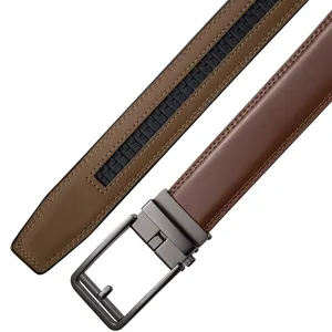 Detailed macro view of men's split cowhide leather belt with dark automatic buckle
