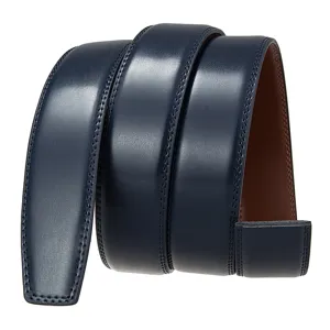 Navy blue genuine leather belt strap for automatic buckles, 3.5cm wide smooth finish.