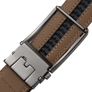 Close-up detail of automatic buckle mechanism on premium brown leather men's belt