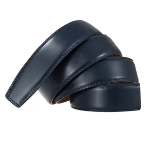 Macro detail of a high-quality navy blue leather automatic belt strap with fine stitching