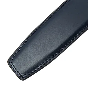 Detail view showing the fine leather texture and stitching of navy blue belt strap