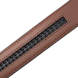 Close-up detail of men's brown leather belt strap showing the internal ratchet track.