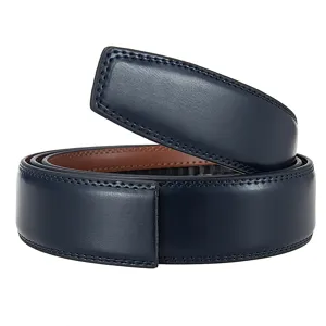 Macro detail view of a dark blue leather belt strap featuring exquisite edge stitching