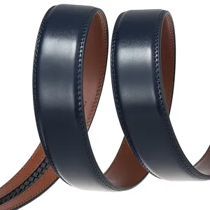 Close-up of navy blue leather belt strap showing fine stitching and brown lining