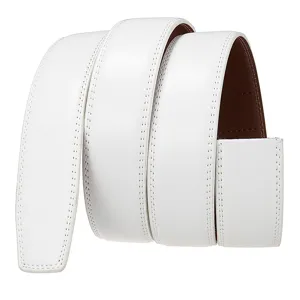 Close-up of a white leather belt strap with double-row stitching and brown lining