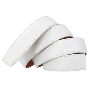 Detail view of premium white leather belt strap with durable double stitched edges