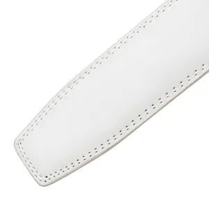 Detailed close-up showing the fine edge stitching of a white leather belt strap.