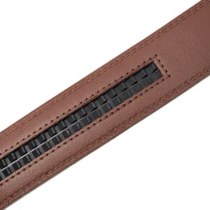 Close-up detail of the durable ratchet track on a brown automatic leather belt strap