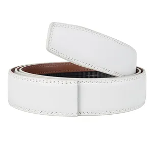 Close-up view of a white leather automatic belt strap with brown lining and stitching