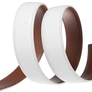 Macro detail of 3.5cm white and brown leather belt strap with precision stitching