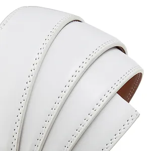 Close-up of white leather belt strap showing fine edge stitching detail