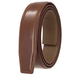 Close-up of brown leather belt strap with fine edge stitching and size markings