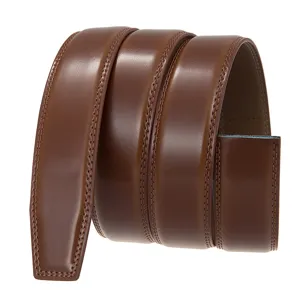Close-up detail of a brown leather automatic belt strap with reinforced stitching