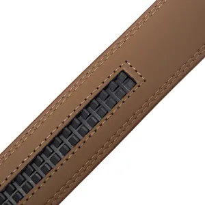 Macro view showing the durable black ratchet track of a brown leather automatic belt strap