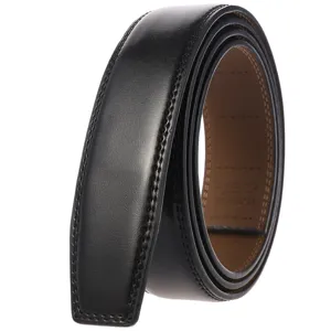 Detailed close-up of a premium black stitched leather belt strap without buckle for men