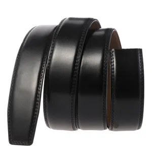 Detailed view of a black stitched leather belt strap for automatic buckle replacement.