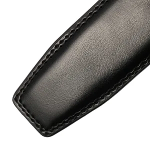 Close-up macro view of the black leather belt strap texture and fine edge stitching.