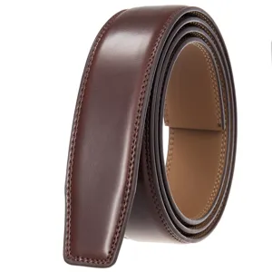 Close-up of premium brown leather belt strap with detailed stitching