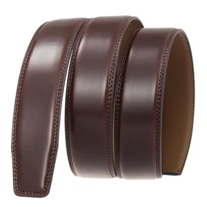 Macro view of brown leather belt strap detailing fine stitching and texture