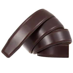 High-quality dark brown leather belt strap detail showing fine double stitching edge