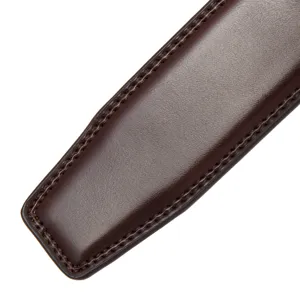 Close-up detail of dark brown leather belt strap showing fine stitching and grain texture