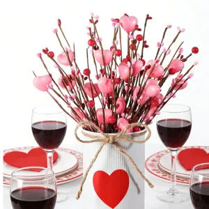 Tiges de Fleurs de Baies de Cœur Artificielles de la Saint Valentin Spray de Fausses Baies Rose Rouge pour la Décoration de Vase de Table de Fête Romantique à la Maison
