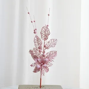 Pink glitter artificial Christmas tree branch decoration, festive floral stem ornament.