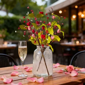 Branches de baies de cœur de Saint-Valentin artificielles dans un vase en verre.