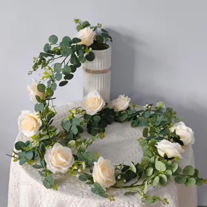 Guirnalda de flores de rosas artificiales para arco de boda, hojas de eucalipto falsas.