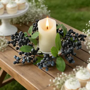 Handcrafted artificial black berry candle ring with green leaves for Nordic home decoration