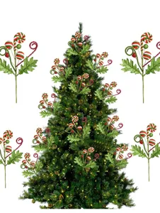 Détail de pic de bonbon scintillant de Noël, décoration d'arbre rouge et verte.