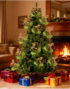 Vue détaillée de pics de bonbons étincelants rouges et verts décorant un sapin de Noël chaleureux.