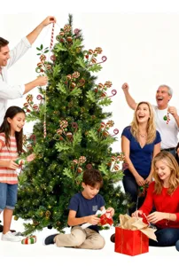 Vue détaillée des pics de bonbons rouges et verts pailletés pour décorer le sapin de Noël.