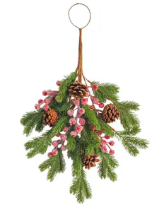 Detailed view of Christmas pine needle swag with pine cones and frosted red berries