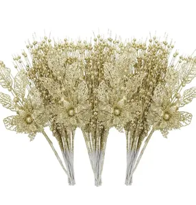 28 Stk Weihnachten Gold Glitzer Lilie Blumen Stiele Künstliche Zweige Hochzeit
