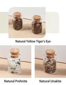 Natural crystal chips in cork-stoppered glass bottles including Tiger's eye