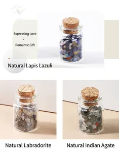 Detail view of three glass jars filled with natural Lapis, Labradorite and Agate stones