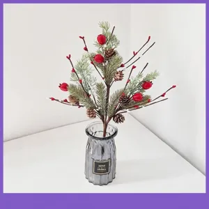 Artificial Pine Needles Red Berry Stems Christmas Decorations With Pinecones Frosted Berry Branches For Holiday Floral Arrangements Home Decor