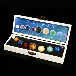 Naturstein Sonnensystem Neun Planeten Kristallkugel Set Mit Holzbox Erzproben Pädagogisches Desktop Ornament Geschenk