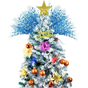 Blaue Glitzer-Weihnachtsbaumzweige mit Goldstern und schönem Merry Christmas-Schild