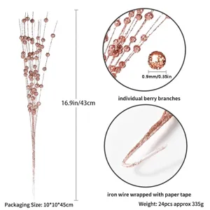 24 Stück Roségold Glitzer Beerenstiele für Weihnachtsbaumschmuck und Blumenarrangements