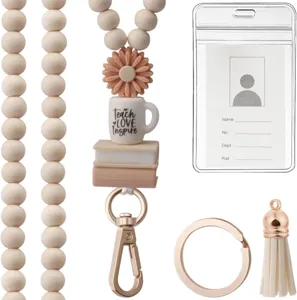 Teacher Wooden Bead Lanyard ID Badge Holder With Silicone Charms Tassel Keychain For Office School Women Jewelry