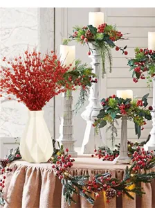 Ramas de bayas rojas con purpurina decoracion navideña para mesa ramo festivo