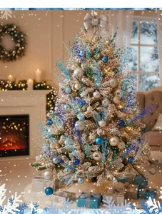 Close-up of blue and teal glitter berry sprays decorating a snowy Christmas tree