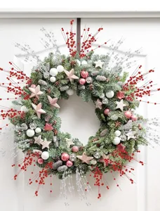 Close-up detail of artificial red berry picks and rose gold stars on a festive wreath