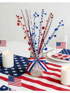 Patriotic red, white and blue star stems displayed in a glass jar for 4th of July decor