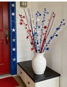 Festive red white and blue star artificial branches in a white vase for July 4th decor