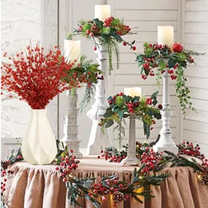 Arreglo floral de ramas de bayas con purpurina roja navideña con florero blanco para decoracion hogar