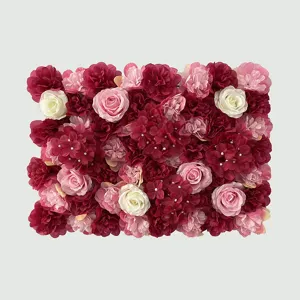Elegant artificial flower wall panel with burgundy and pink roses for wedding decor.